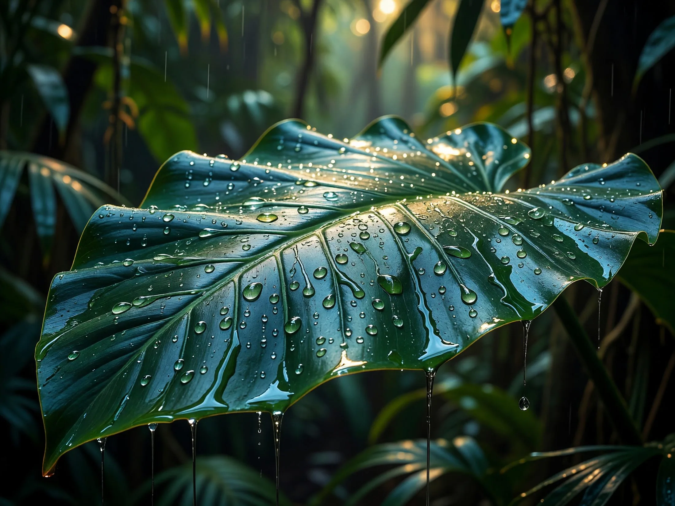 黄金の光を受ける葉の雨粒
