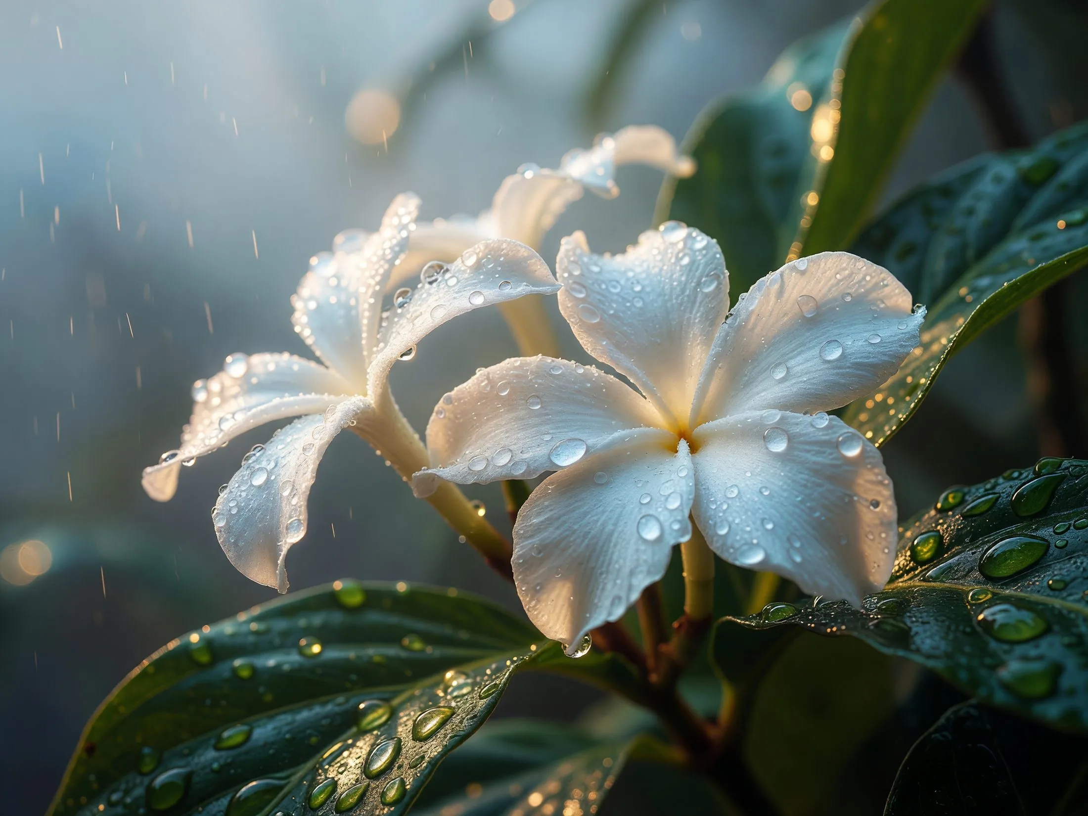 雨粒をたたえた熱帯の花